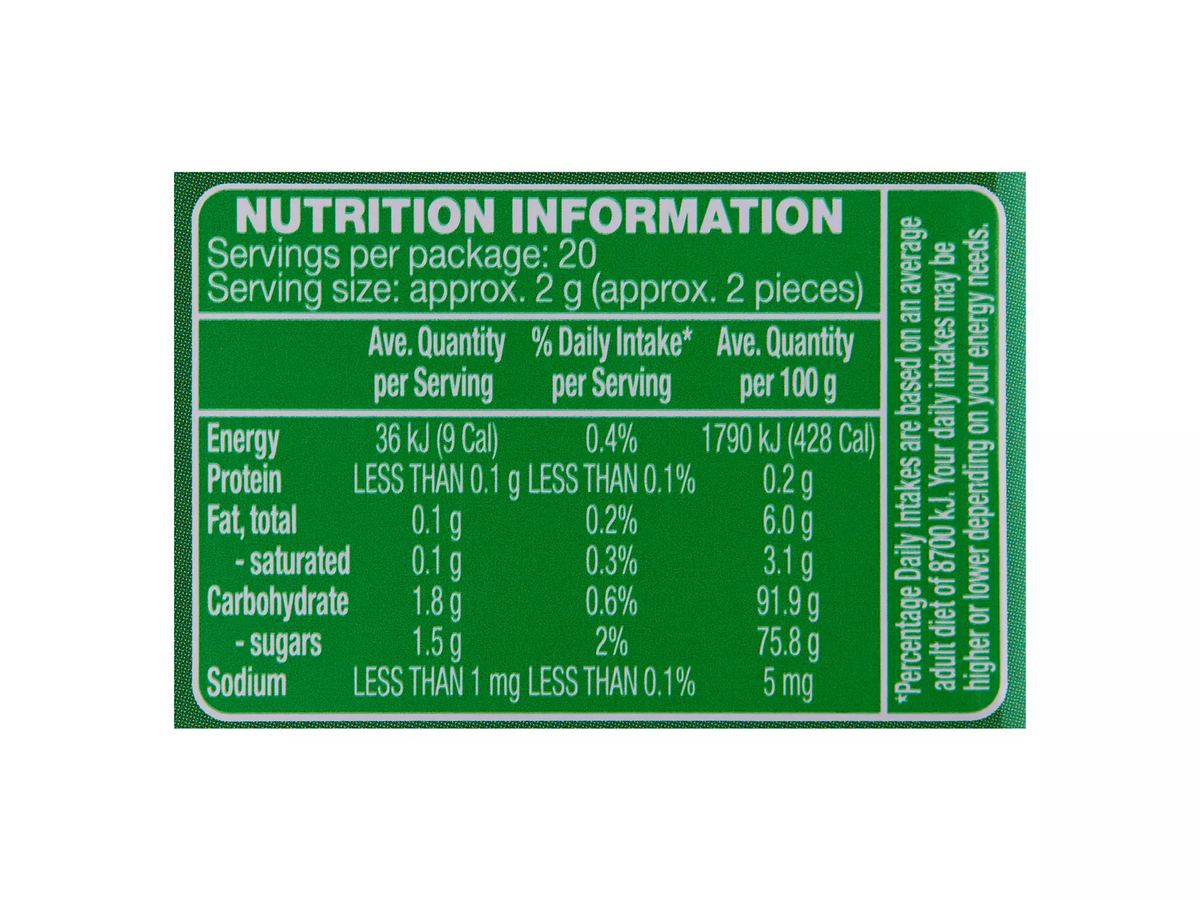 Pack photograph of BLITZ Spearmint Chewy Mints 40g showing the printed nutrition panel