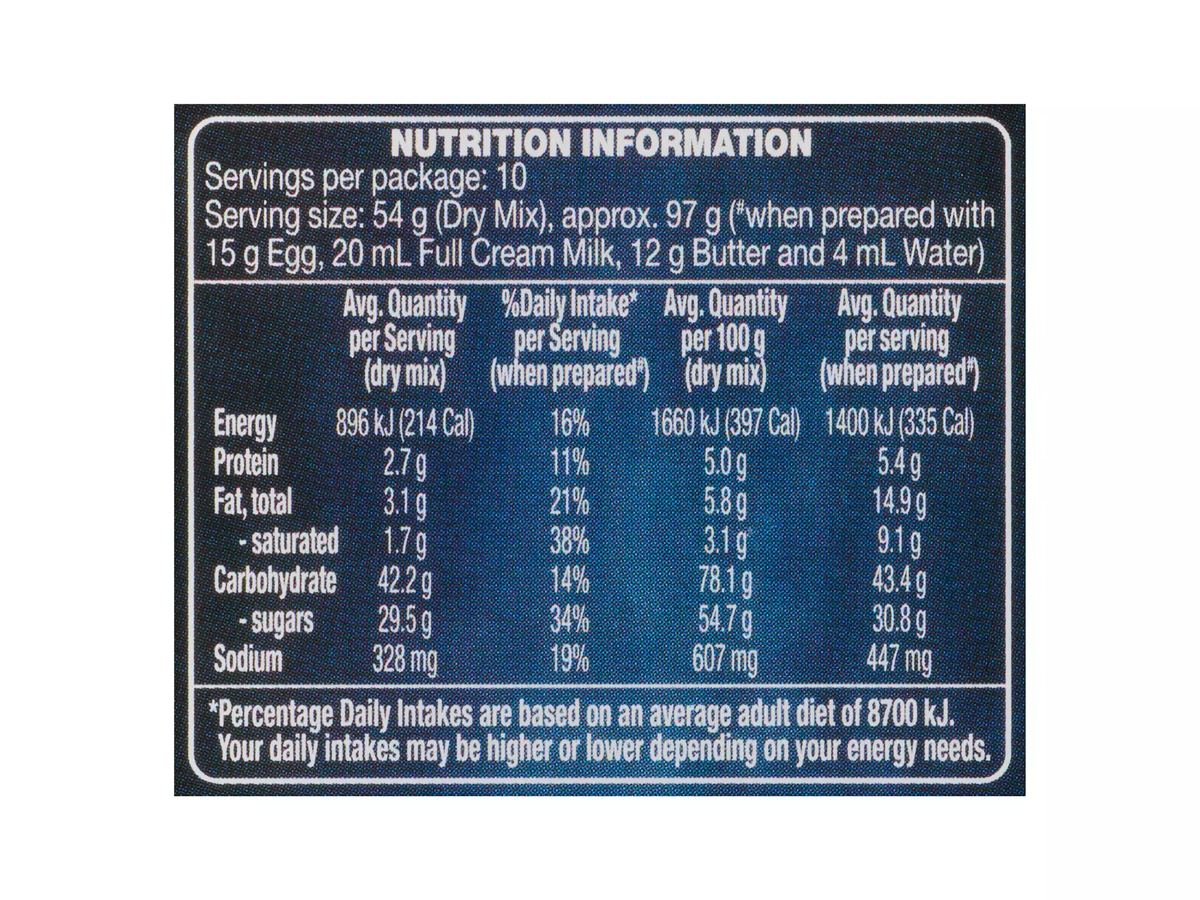 Pack photograph of WHITE MILL Super Moist Devil's Food Cake Mix 540g showing the printed nutrition panel