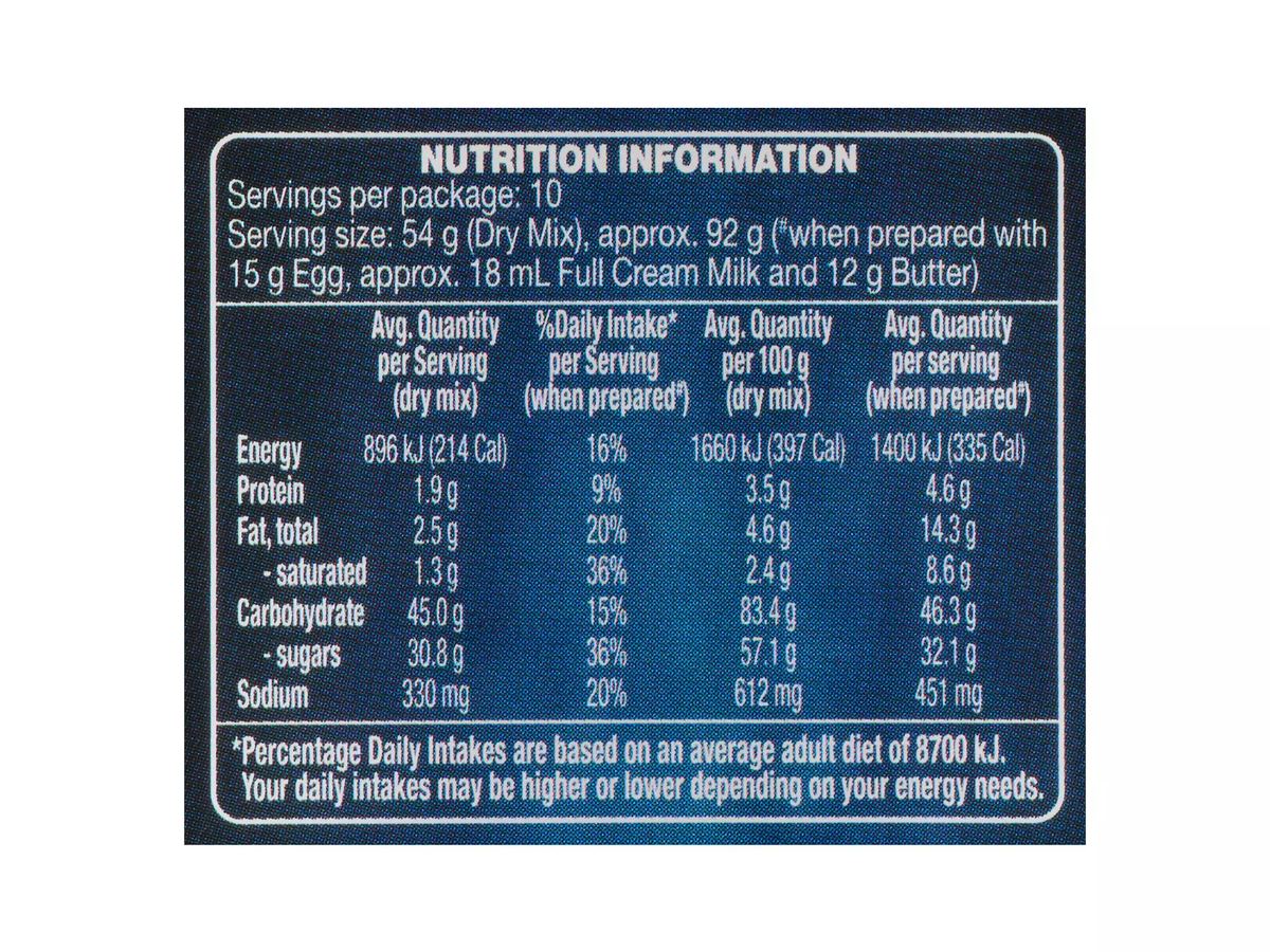 Pack photograph of WHITE MILL Super Moist Vanilla Cake Mix 540g showing the printed nutrition panel