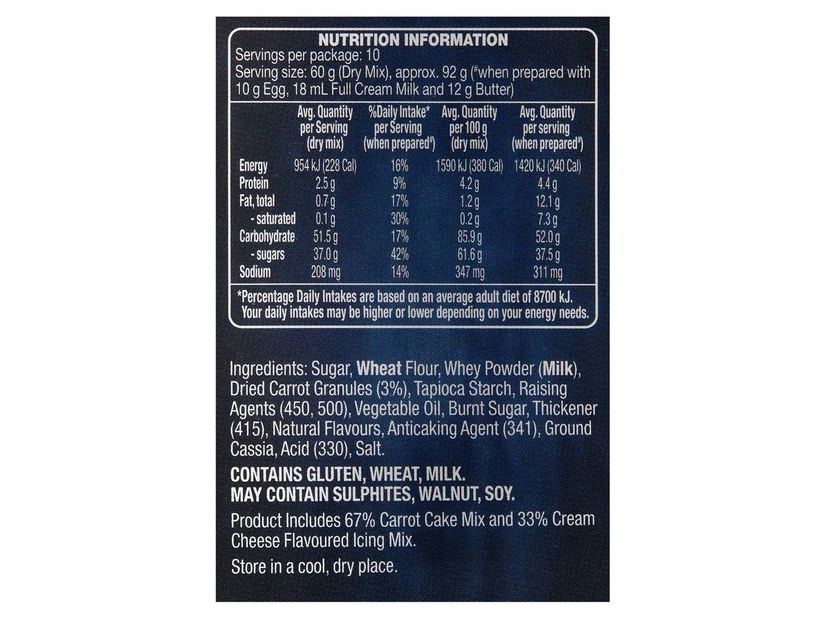 Pack photograph of WHITE MILL Super Moist Carrot Cake Mix 600g showing the printed nutrition panel
