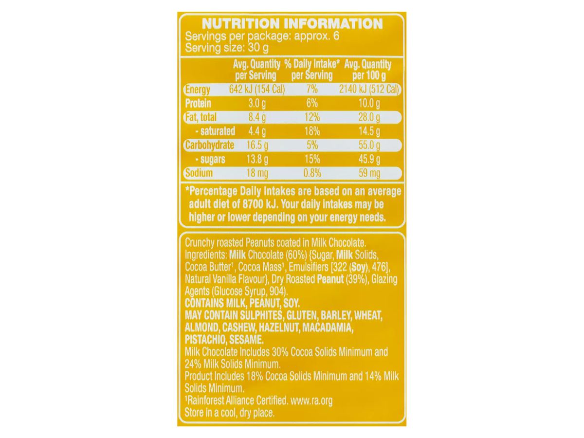 Pack photograph of DAIRY FINE Milk Chocolate Peanuts 190g showing the printed nutrition panel