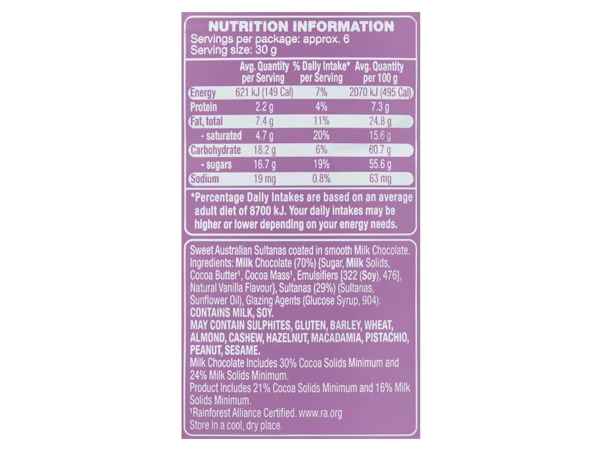 Pack photograph of DAIRY FINE Milk Chocolate Sultanas 190g showing the printed nutrition panel