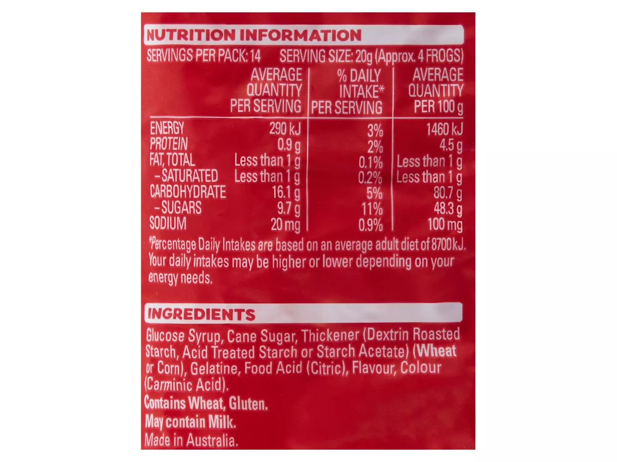 Pack photograph of ALLEN'S Frogs Alive 280g showing the printed nutrition panel