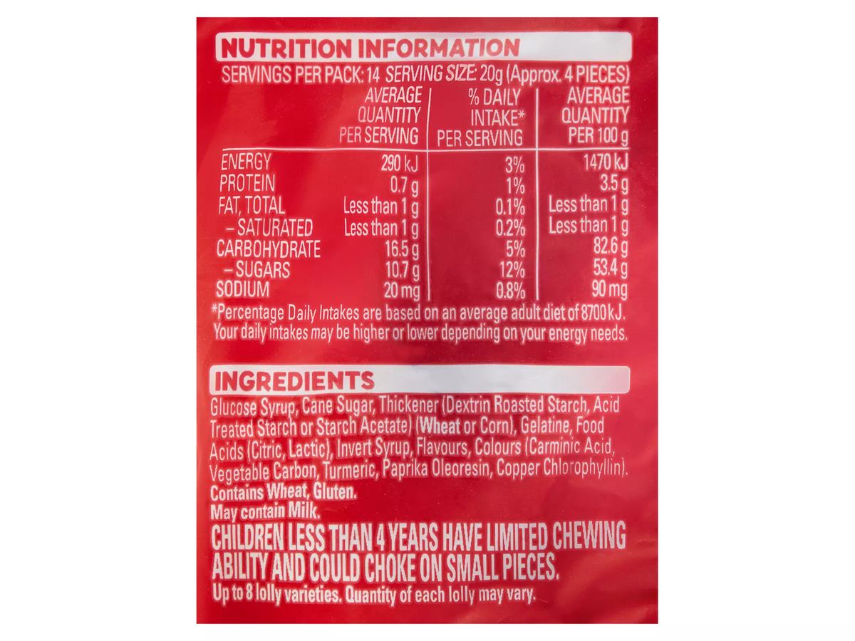 Pack photograph of ALLEN'S Party Mix 280g showing the printed nutrition panel
