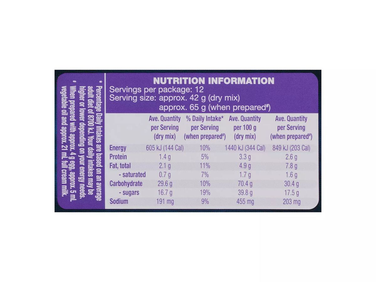 Pack photograph of WHITE MILL Blueberry Muffin Mix 500g showing the printed nutrition panel