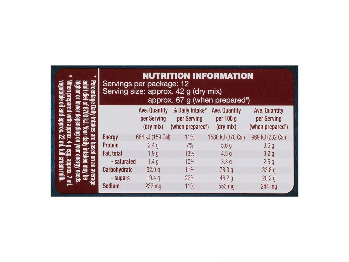 Pack photograph of WHITE MILL Triple Choc Muffin Mix 500g showing the printed nutrition panel