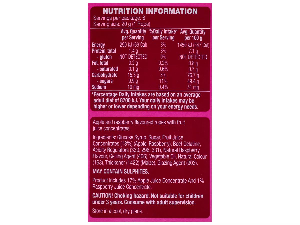 Pack photograph of DOMINION NATURALS Sour Raspberry Ropes 8 Pack 160g showing the printed nutrition panel