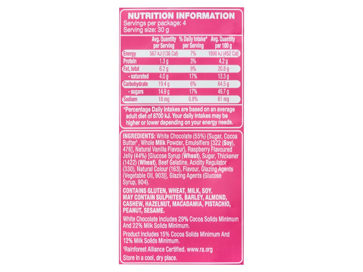 Pack photograph of DAIRY FINE White Chocolate Raspberry Bites 120g showing the printed nutrition panel