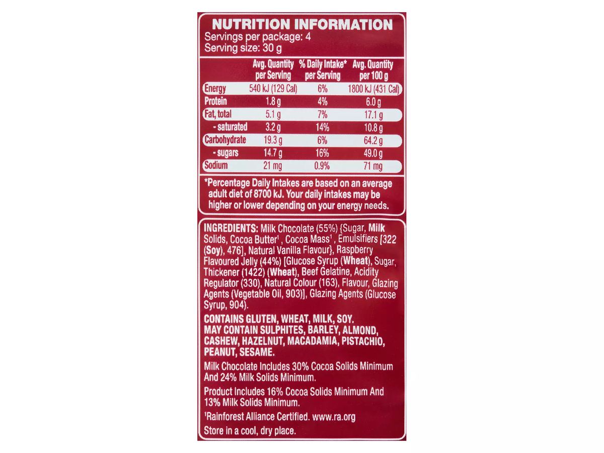 Pack photograph of DAIRY FINE Milk Chocolate Raspberry Bites 120g showing the printed nutrition panel