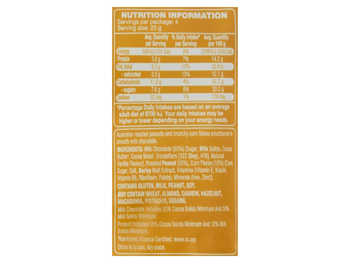 Pack photograph of DAIRY FINE Chocolate Peanut Clusters 100g showing the printed nutrition panel