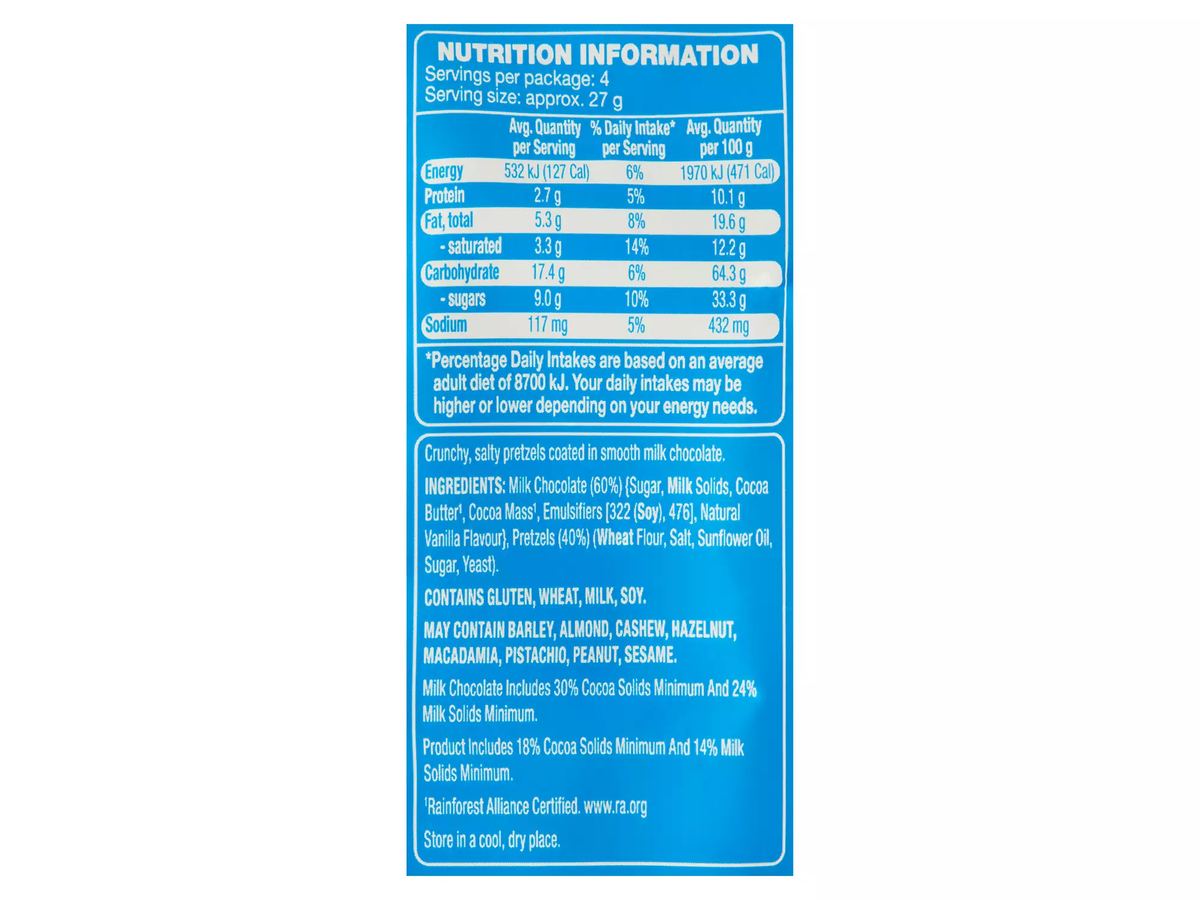 Pack photograph of DAIRY FINE Chocolate Salted Pretzel 110g showing the printed nutrition panel