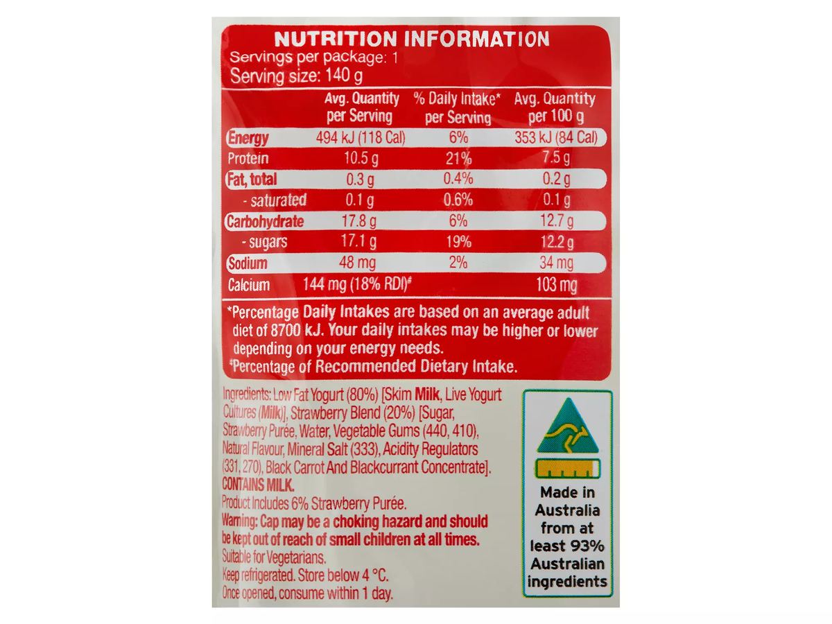 Pack photograph of YOGURI Greek Style Yogurt Strawberry Pouch 140g showing the printed nutrition panel