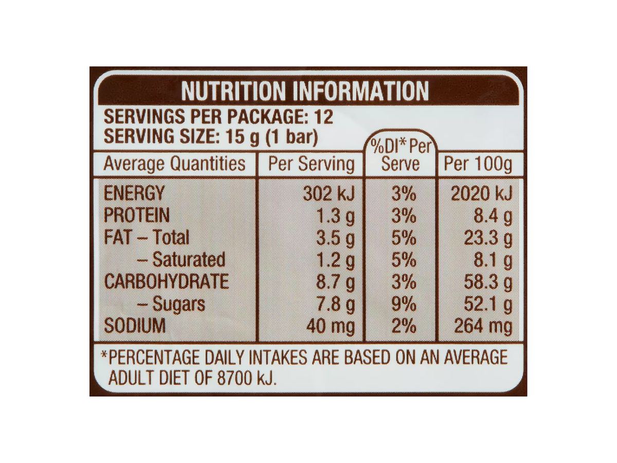 Pack photograph of MARS Snickers Fun Size Share Pack Chocolate 12 Pack 180g showing the printed nutrition panel