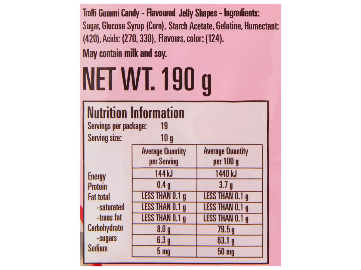Pack photograph of TROLLI Mixed Case - Strawberry Clouds 190g showing the printed nutrition panel