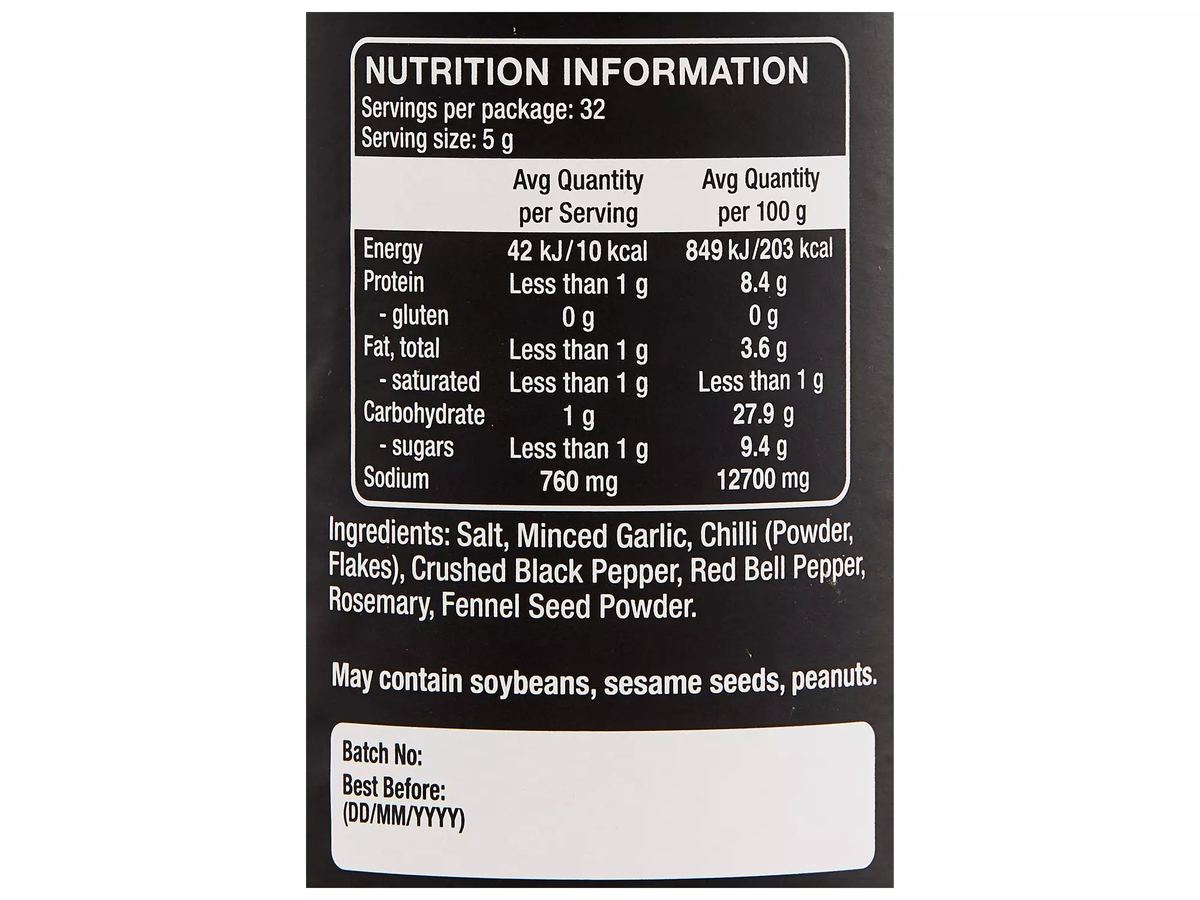 Pack photograph of GRILL SOCIETY QUALITY PRODUCTS BBQ Rub Chicago Steak 160g showing the printed nutrition panel