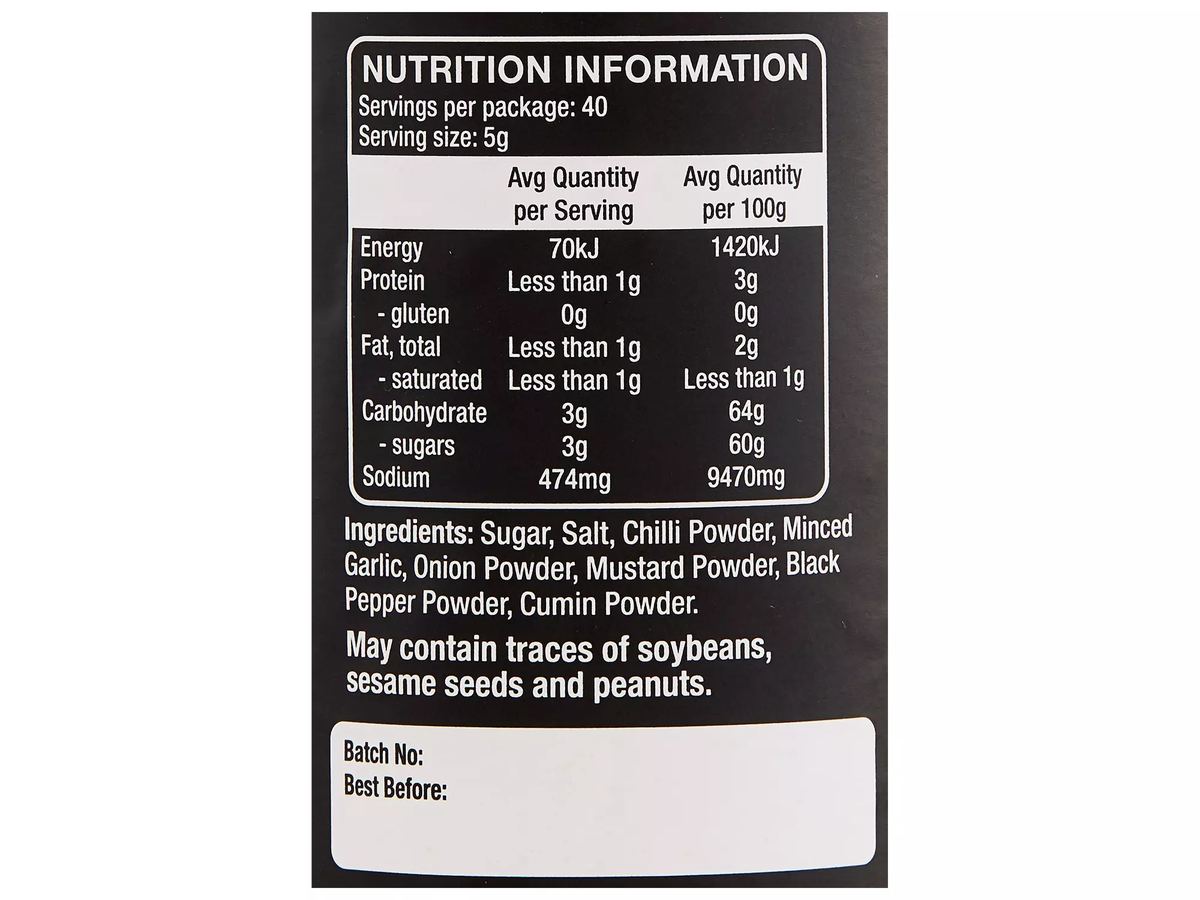 Pack photograph of GRILL SOCIETY QUALITY PRODUCTS BBQ Rub Sweet Memphis 200g showing the printed nutrition panel