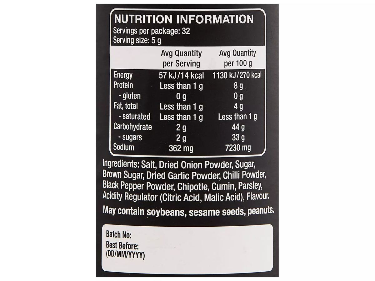 Pack photograph of GRILL SOCIETY QUALITY PRODUCTS BBQ Rub Texas Style 160g showing the printed nutrition panel