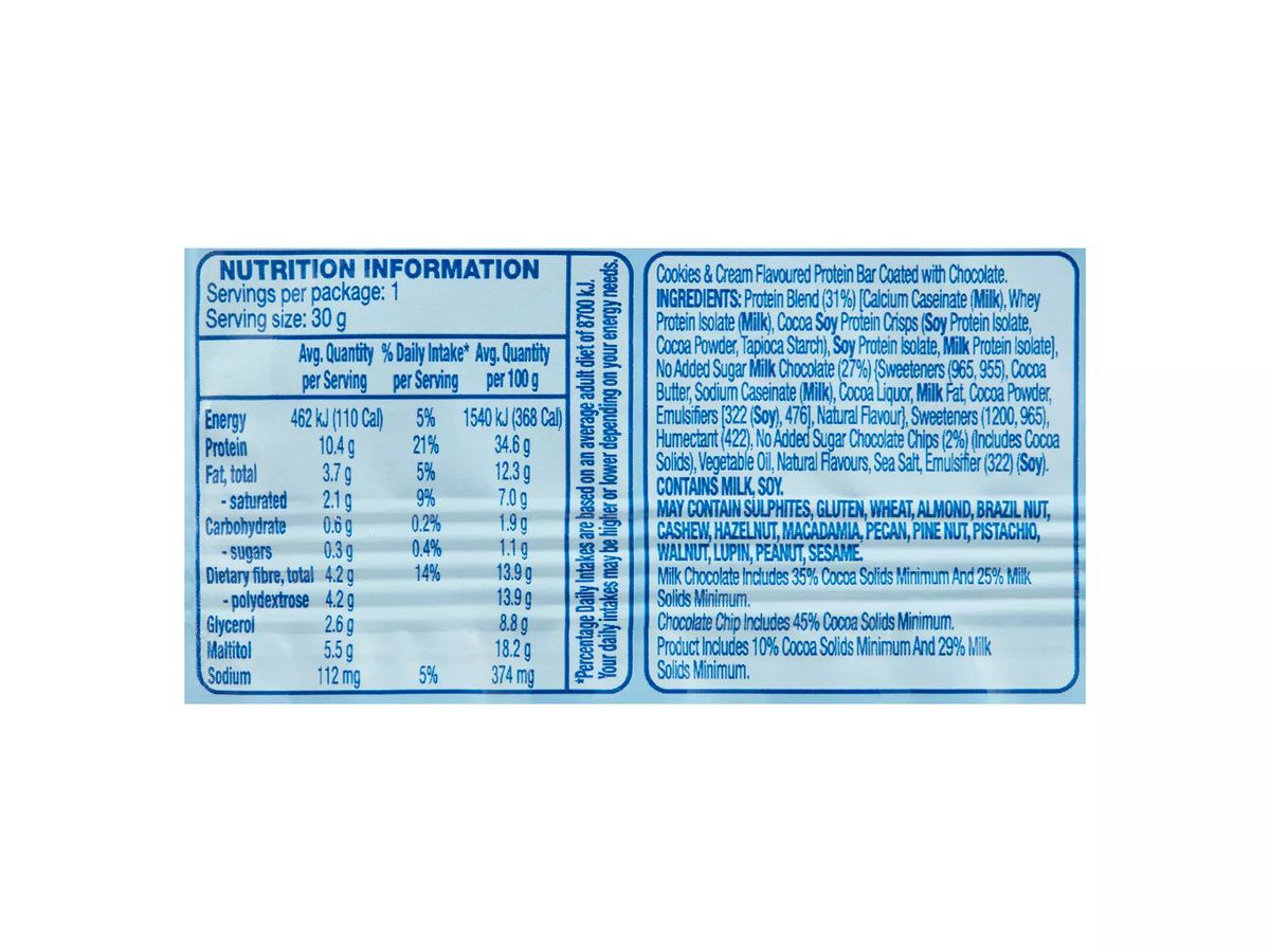 Pack photograph of ONSET Protein Bar Cookies & Cream 30g showing the printed nutrition panel