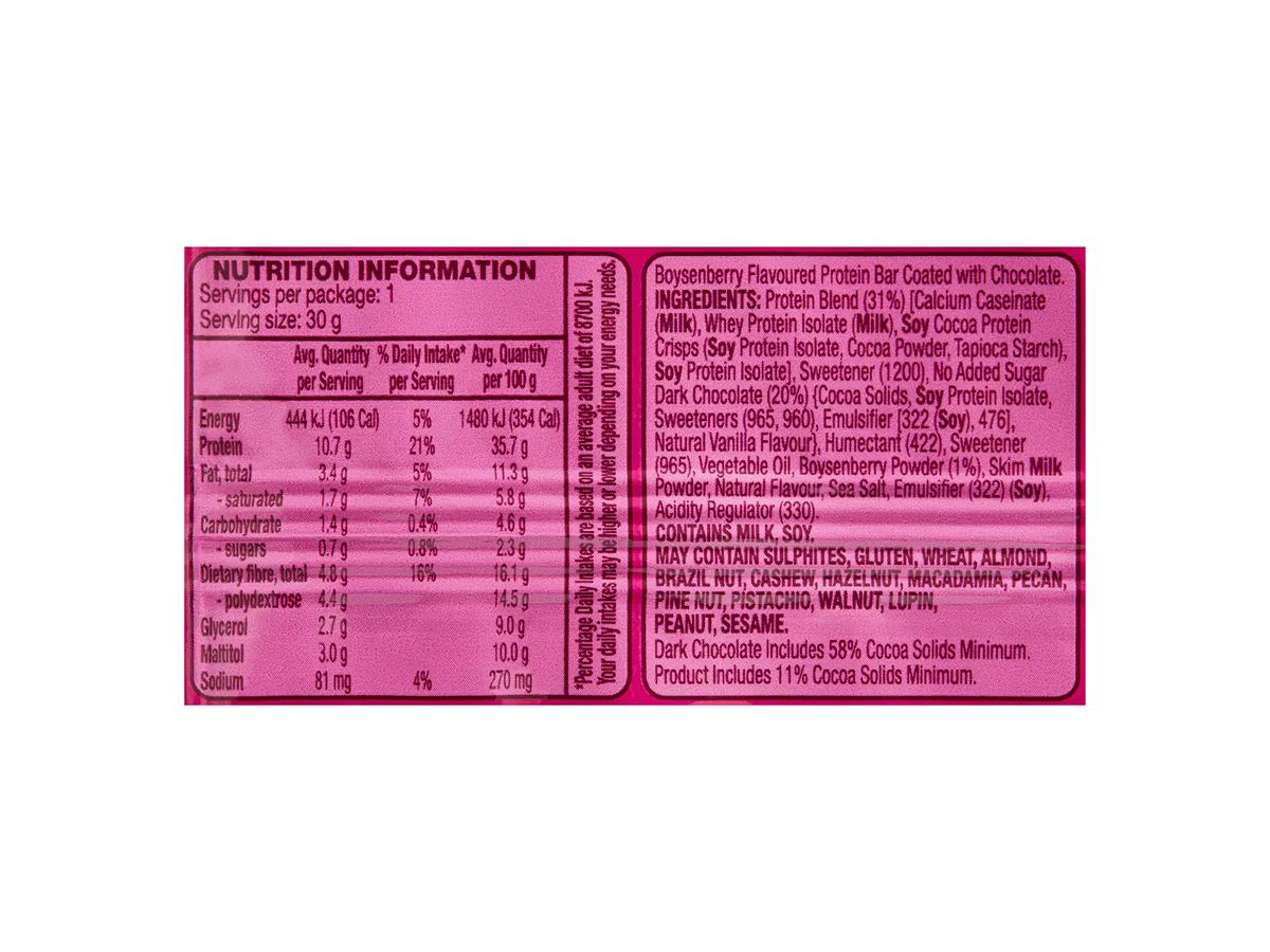 Pack photograph of ONSET Protein Bar Boysenberry 30g showing the printed nutrition panel