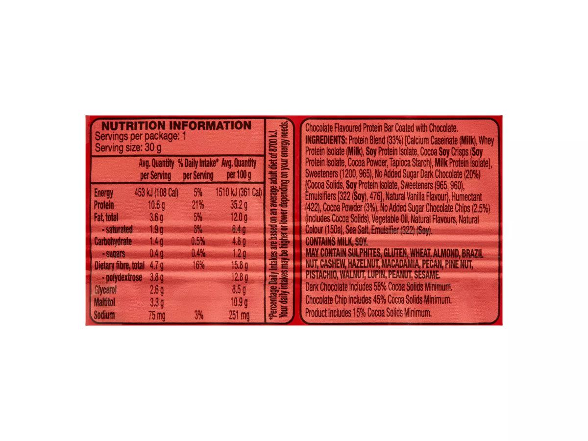 Pack photograph of ONSET Protein Bar Chocolate 30g showing the printed nutrition panel