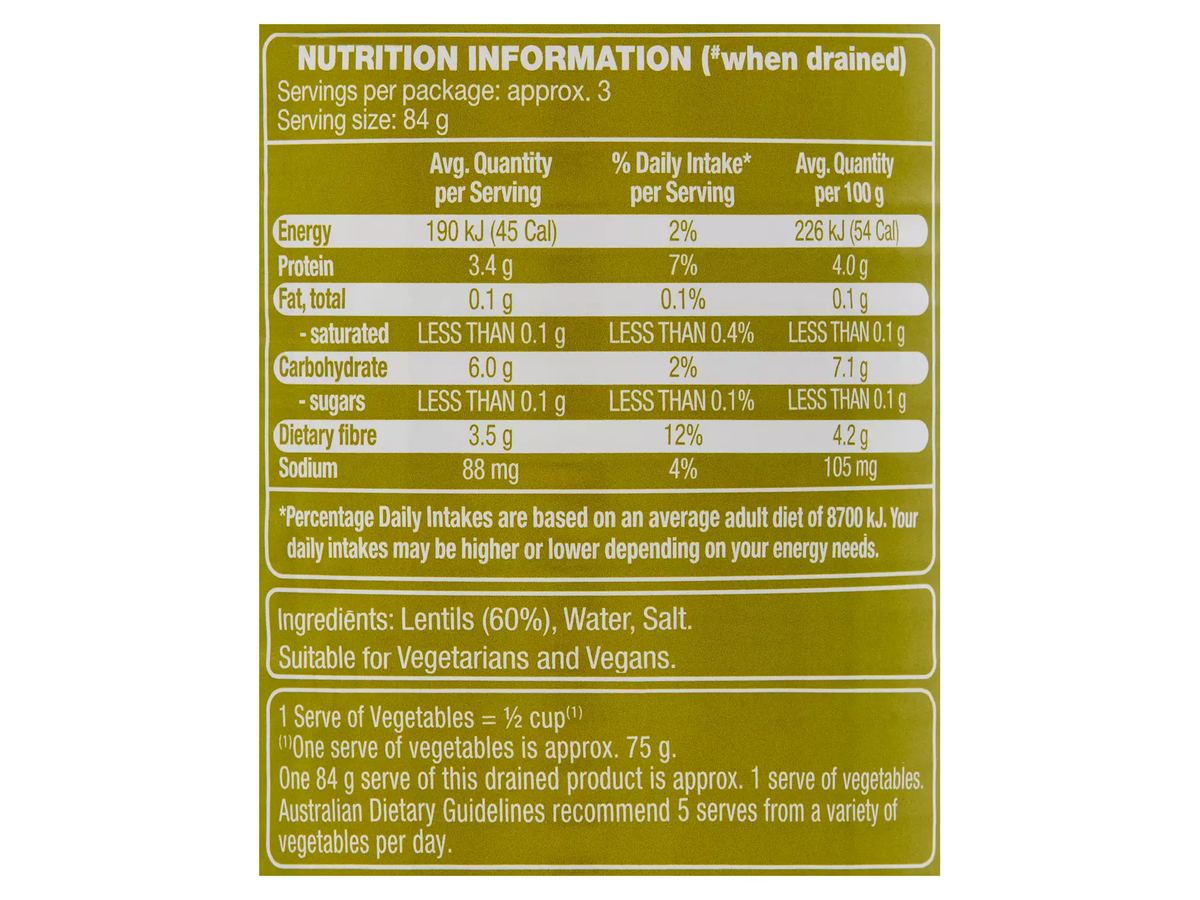 Pack photograph of NEW SEASON Lentils 420g showing the printed nutrition panel