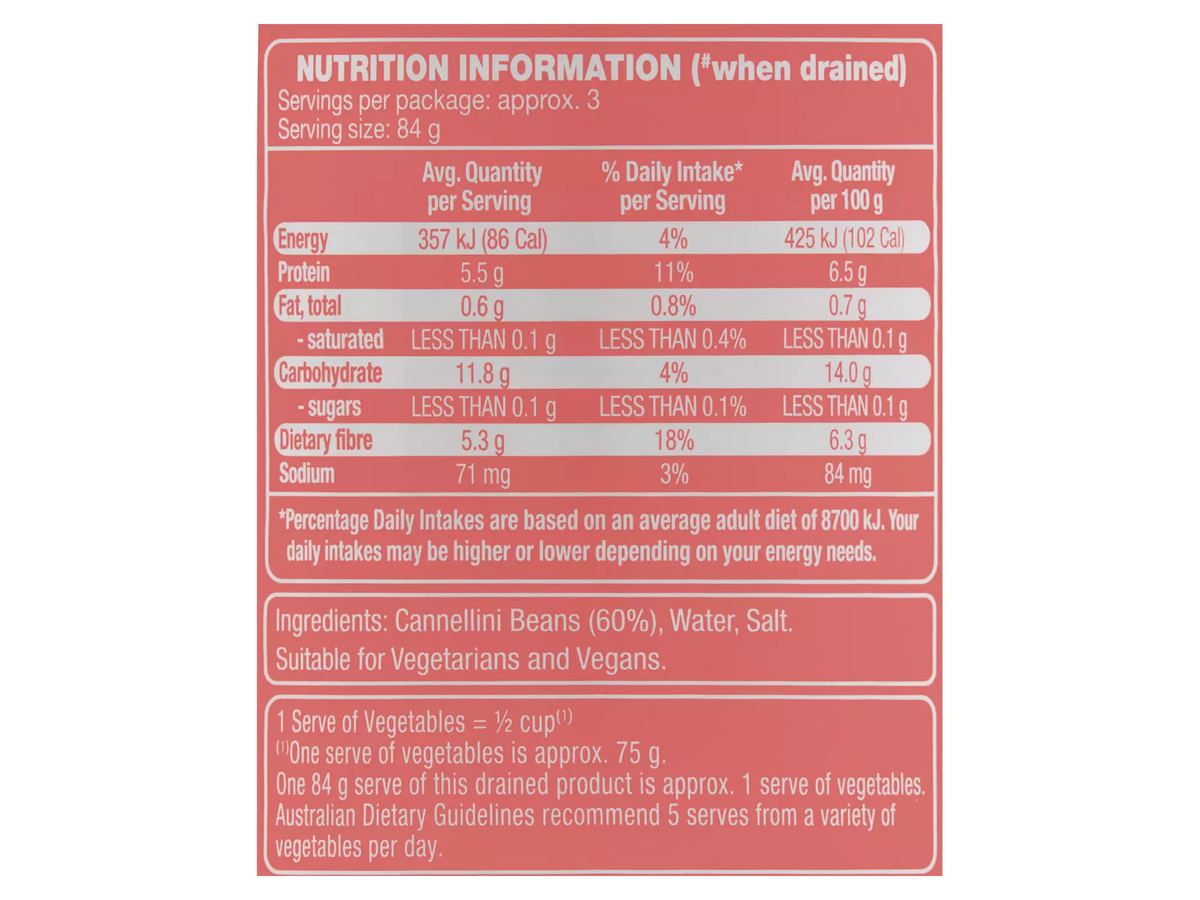 Pack photograph of NEW SEASON Cannellini Beans 420g showing the printed nutrition panel