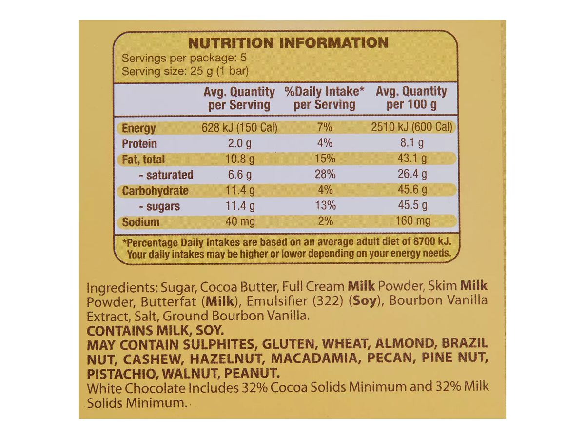 Pack photograph of MOSER ROTH Madagascan Vanilla Chocolate 5 Pack 125g showing the printed nutrition panel