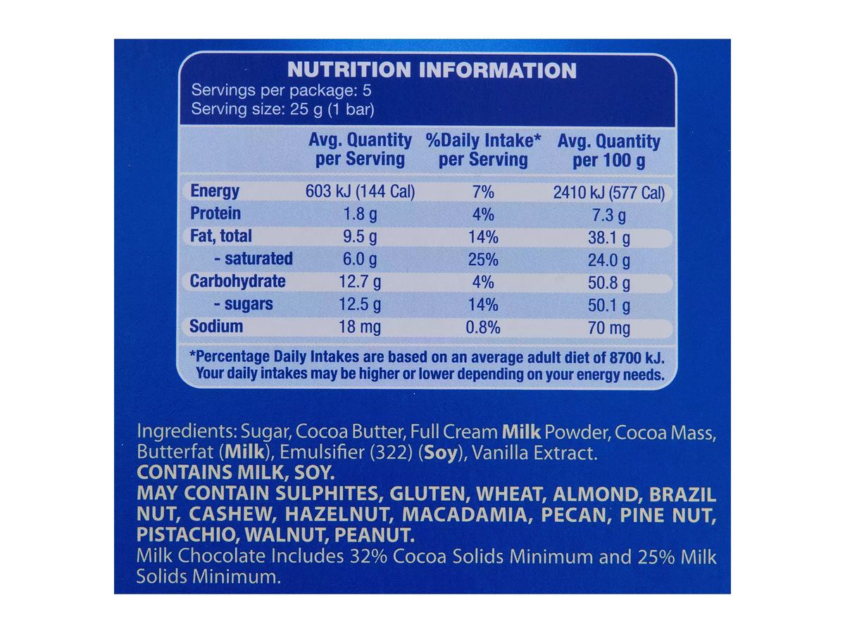 Pack photograph of MOSER ROTH Milk Chocolate 5 Pack 125g showing the printed nutrition panel
