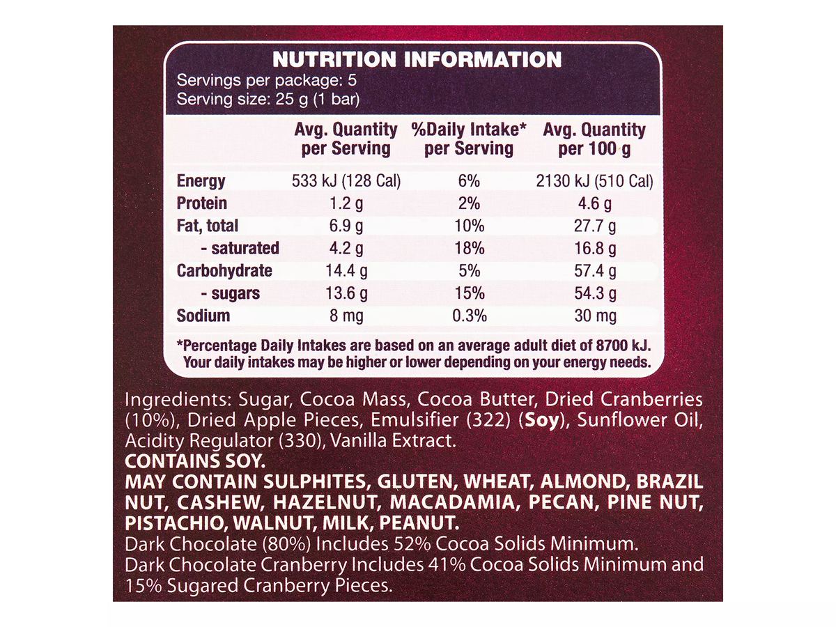 Pack photograph of MOSER ROTH Dark Cranberry Chocolate 5 Pack 125g showing the printed nutrition panel