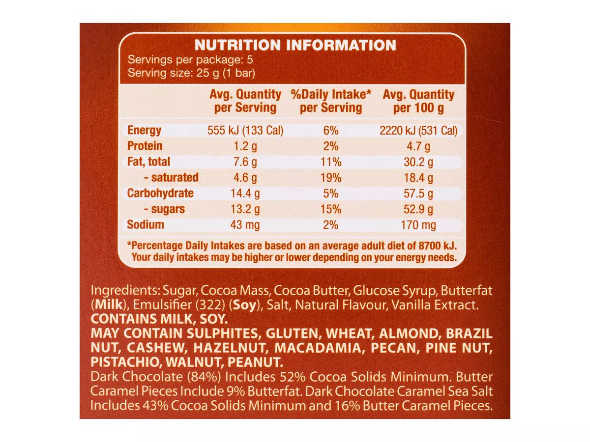 Pack photograph of MOSER ROTH Caramel Sea Salt Chocolates 5 Pack 125g showing the printed nutrition panel