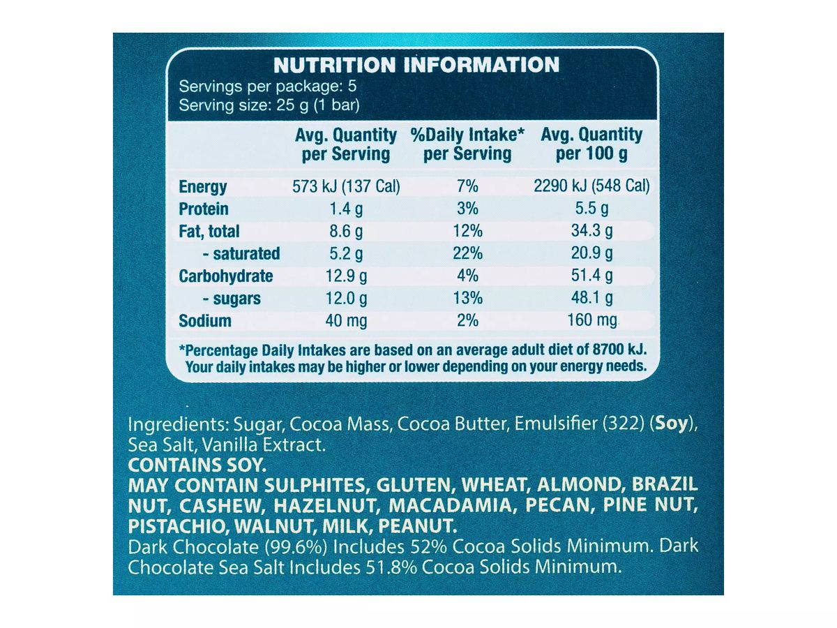 Pack photograph of MOSER ROTH Finest Dark Sea Salt Chocolate 5 Pack 125g showing the printed nutrition panel
