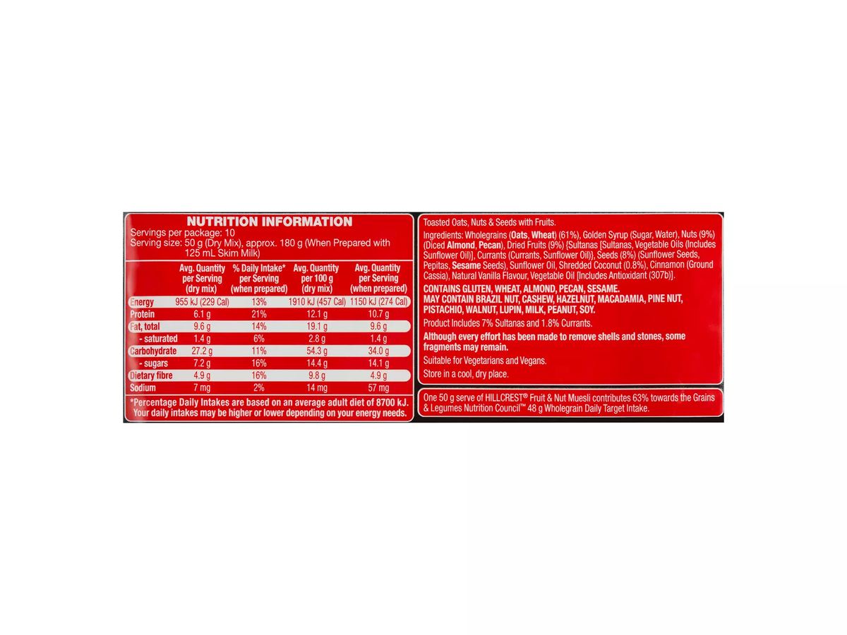 Pack photograph of HILLCREST Fruit & Nut Muesli 500g showing the printed nutrition panel
