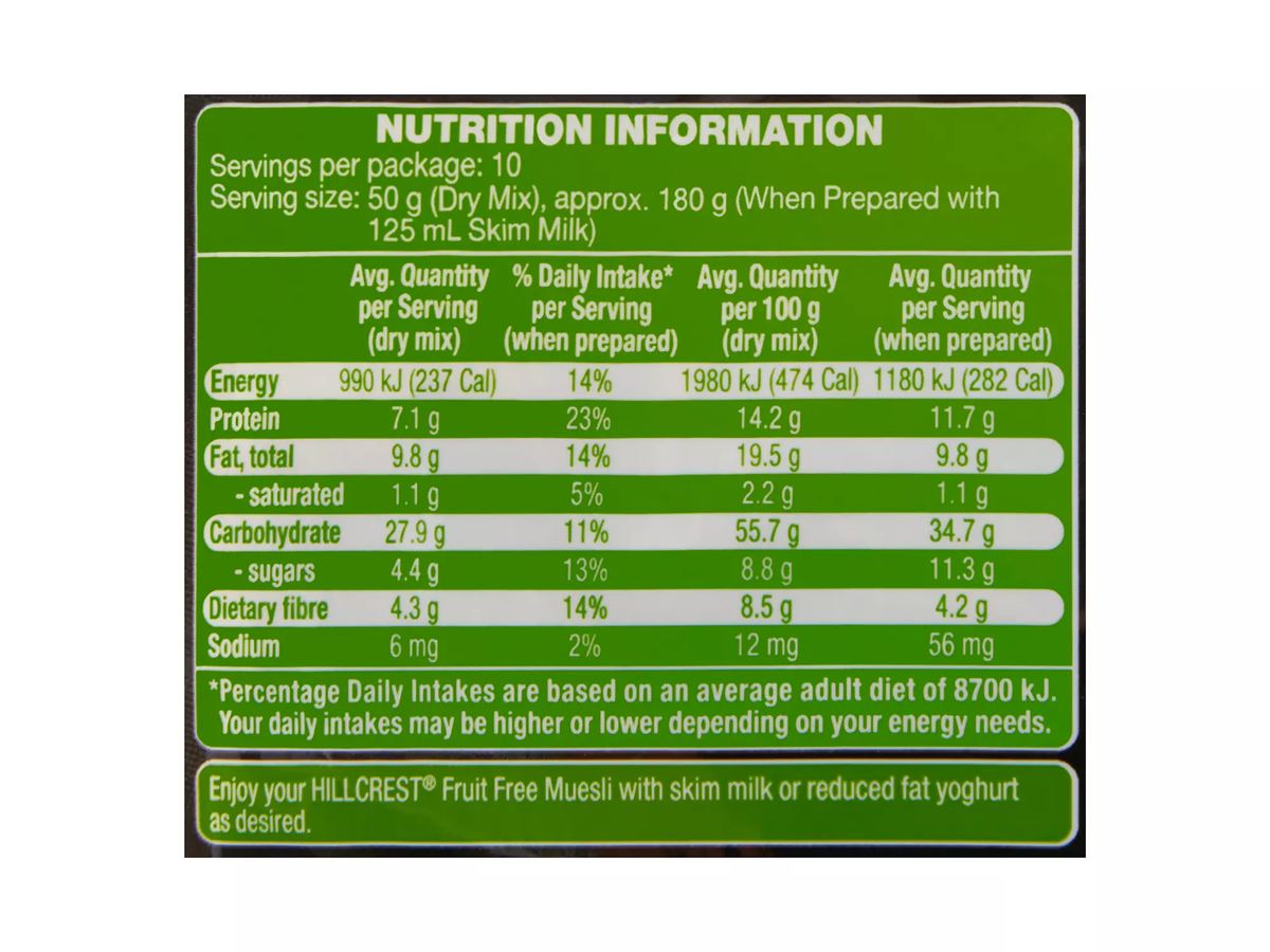 Pack photograph of HILLCREST Fruit Free Muesli 500g showing the printed nutrition panel