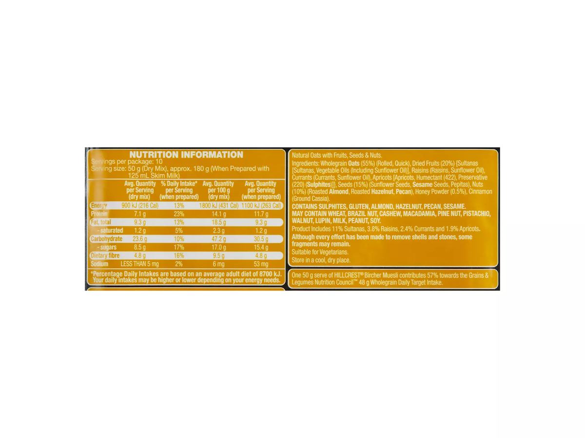 Pack photograph of HILLCREST Bircher Muesli 500g showing the printed nutrition panel