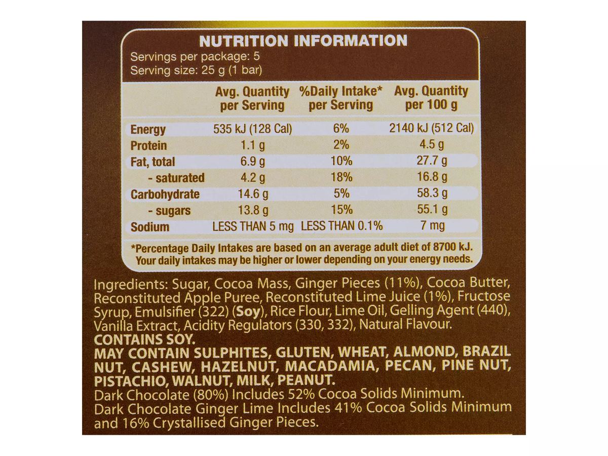 Pack photograph of MOSER ROTH Dark Ginger Lime Chocolate 5 Pack 125g showing the printed nutrition panel