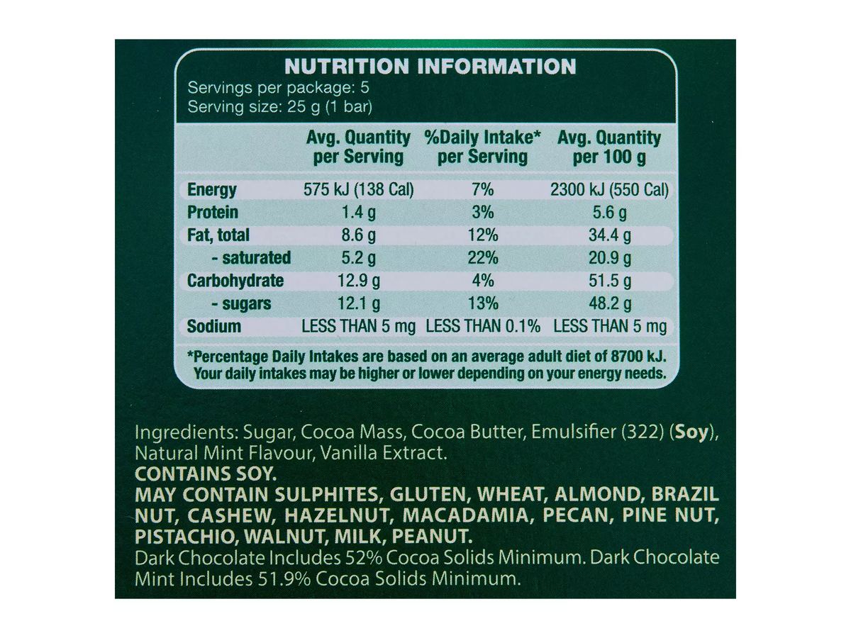 Pack photograph of MOSER ROTH Dark Mint Chocolate 5 Pack 125g showing the printed nutrition panel