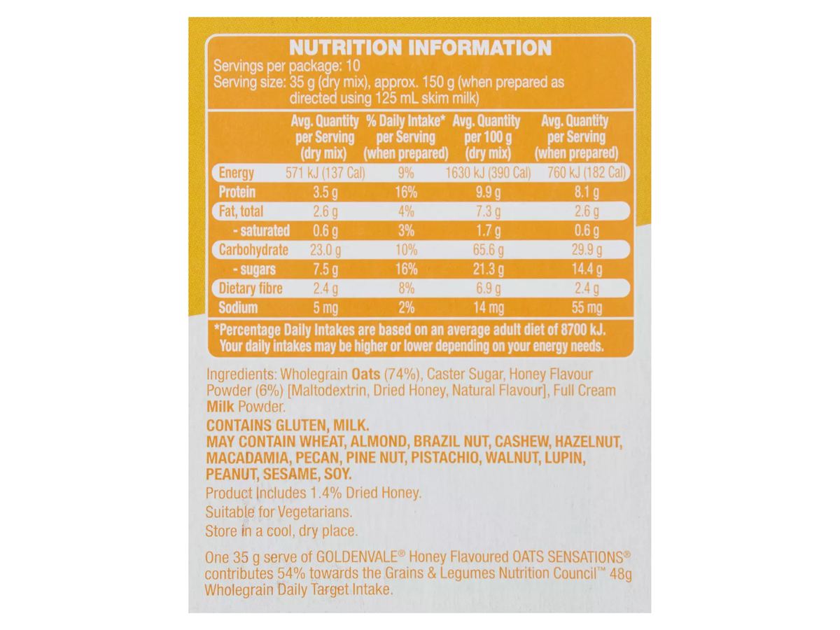 Pack photograph of GOLDENVALE Honey Oats Sensations 10 Pack 350g showing the printed nutrition panel