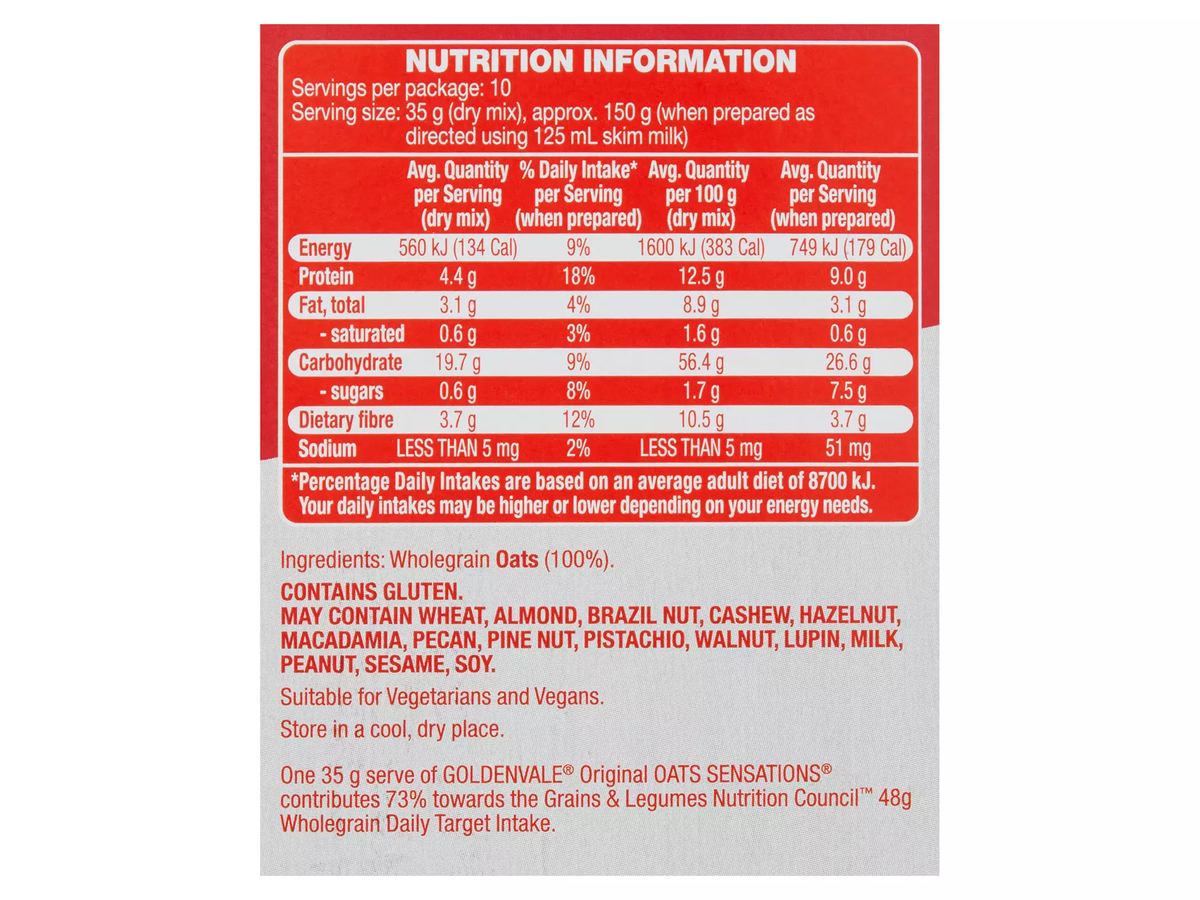 Pack photograph of GOLDENVALE Original Oats Sensations 10 Pack 350g showing the printed nutrition panel