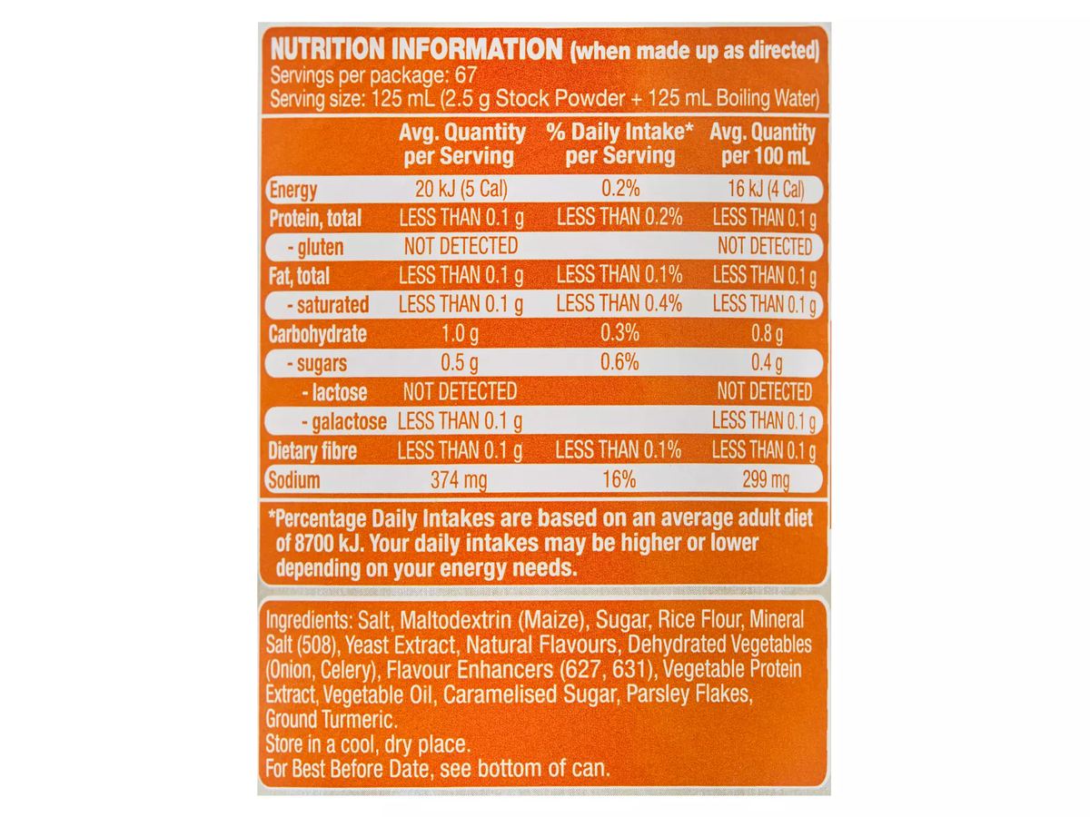 Pack photograph of CHEFS' CUPBOARD Chicken Flavour Stock Powder 168g showing the printed nutrition panel