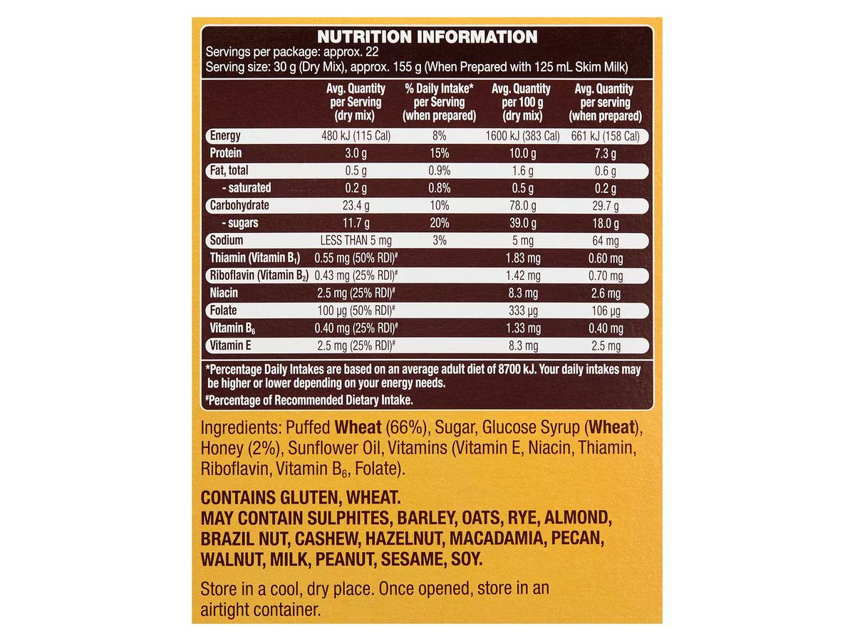 Pack photograph of HILLCREST Honey Wheats 670g showing the printed nutrition panel