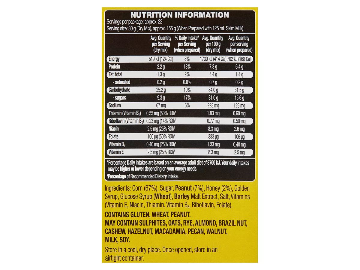 Pack photograph of HILLCREST Honey Nut Corn Flakes 670g showing the printed nutrition panel