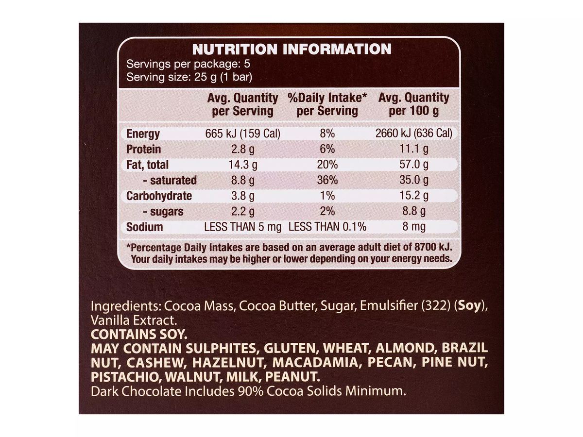 Pack photograph of MOSER ROTH Finest Dark 90% Cocoa Chocolate 5 Pack 125g showing the printed nutrition panel