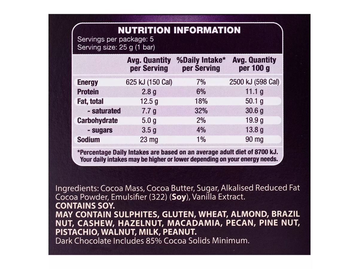 Pack photograph of MOSER ROTH Finest Dark 85% Cocoa Chocolate 5 Pack 125g showing the printed nutrition panel