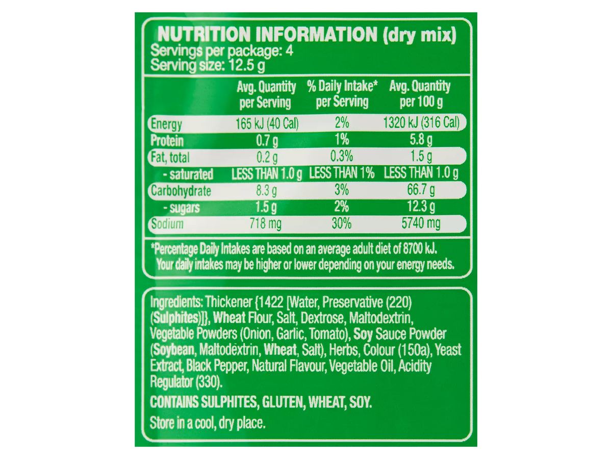 Pack photograph of CHEFS' CUPBOARD Shepherd's Pie Recipe Base 50g showing the printed nutrition panel