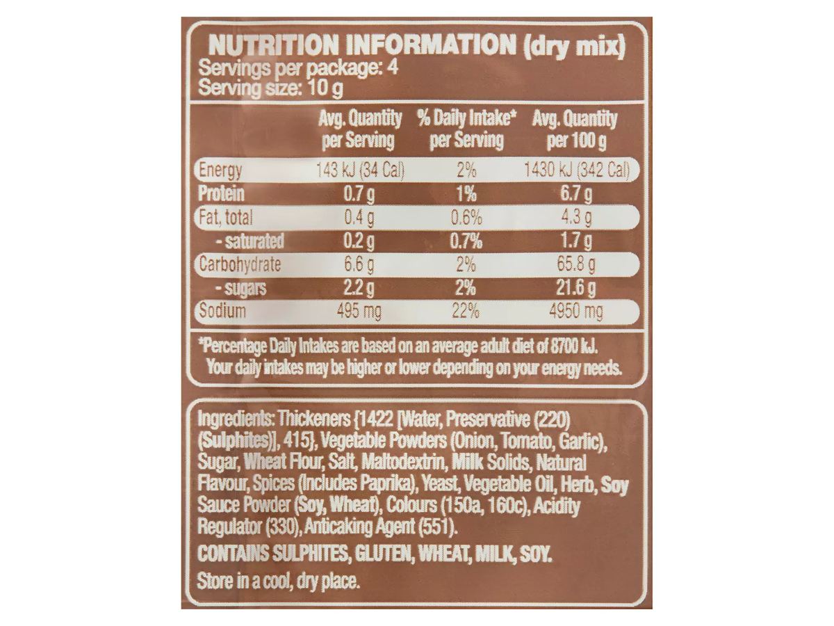 Pack photograph of CHEFS' CUPBOARD Beef Stroganoff Recipe Base 40g showing the printed nutrition panel