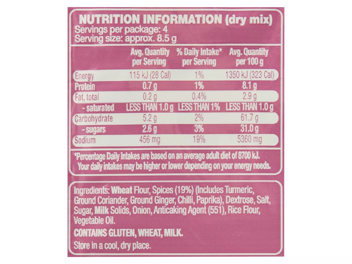 Pack photograph of CHEFS' CUPBOARD Mild Curried Sausages Recipe Base 35g showing the printed nutrition panel