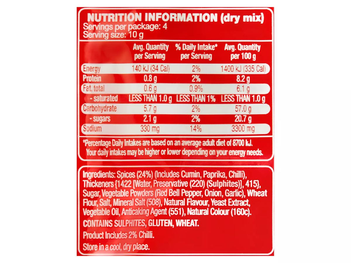 Pack photograph of CHEFS' CUPBOARD Chilli Con Carne Recipe Base 40g showing the printed nutrition panel