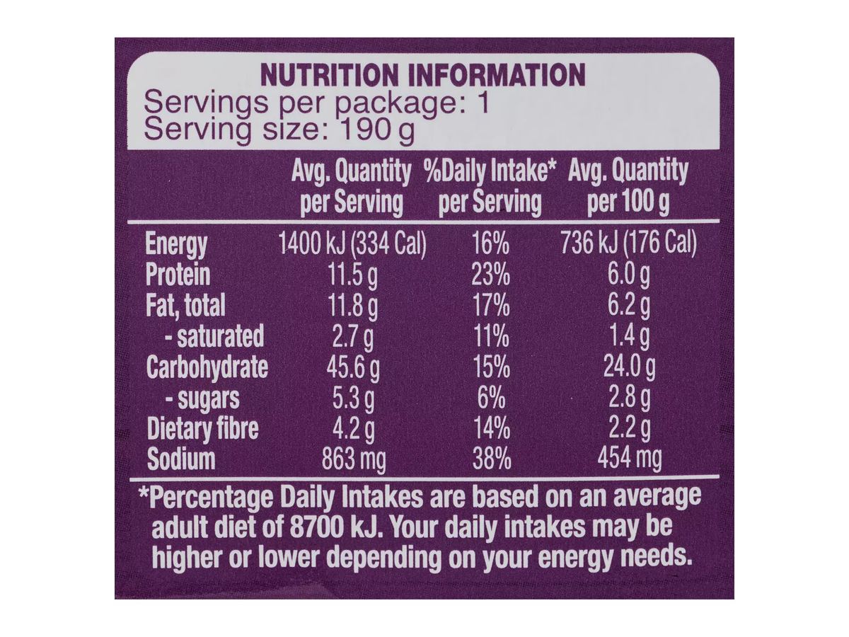 Pack photograph of PORTVIEW Biryani Rice Tuna Bowl 190g showing the printed nutrition panel