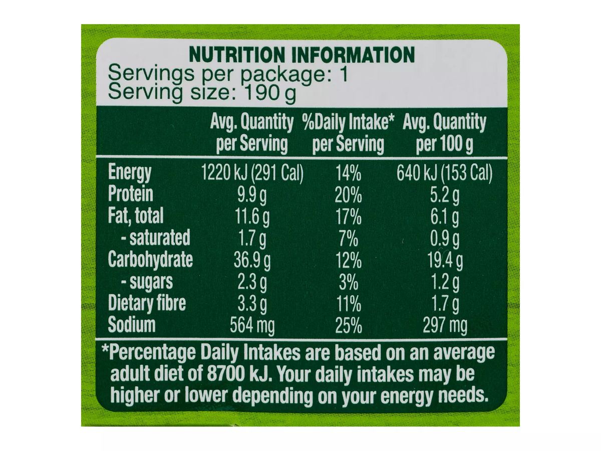 Pack photograph of PORTVIEW Thai Green Curry Tuna Bowl 190g showing the printed nutrition panel