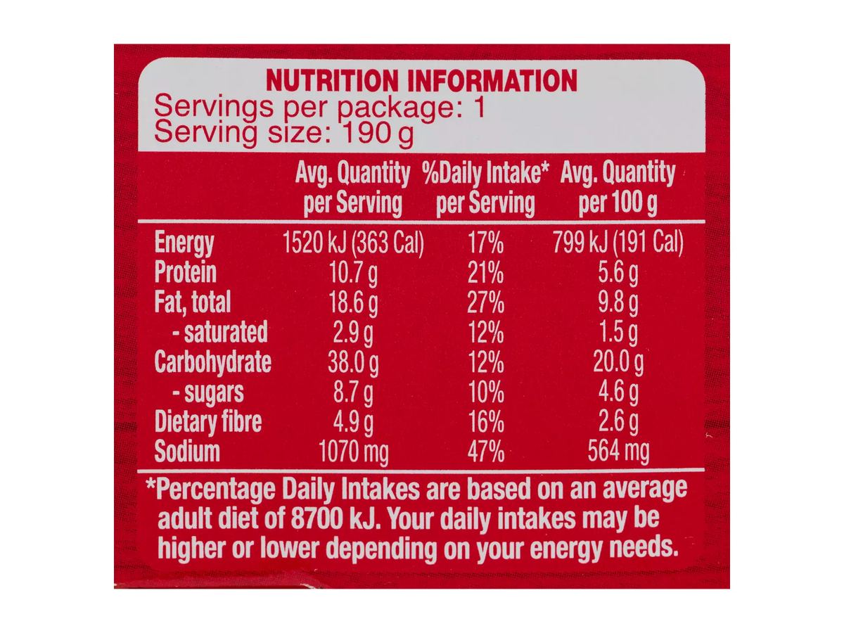 Pack photograph of PORTVIEW Sriracha with Rice Tuna Bowl 190g showing the printed nutrition panel